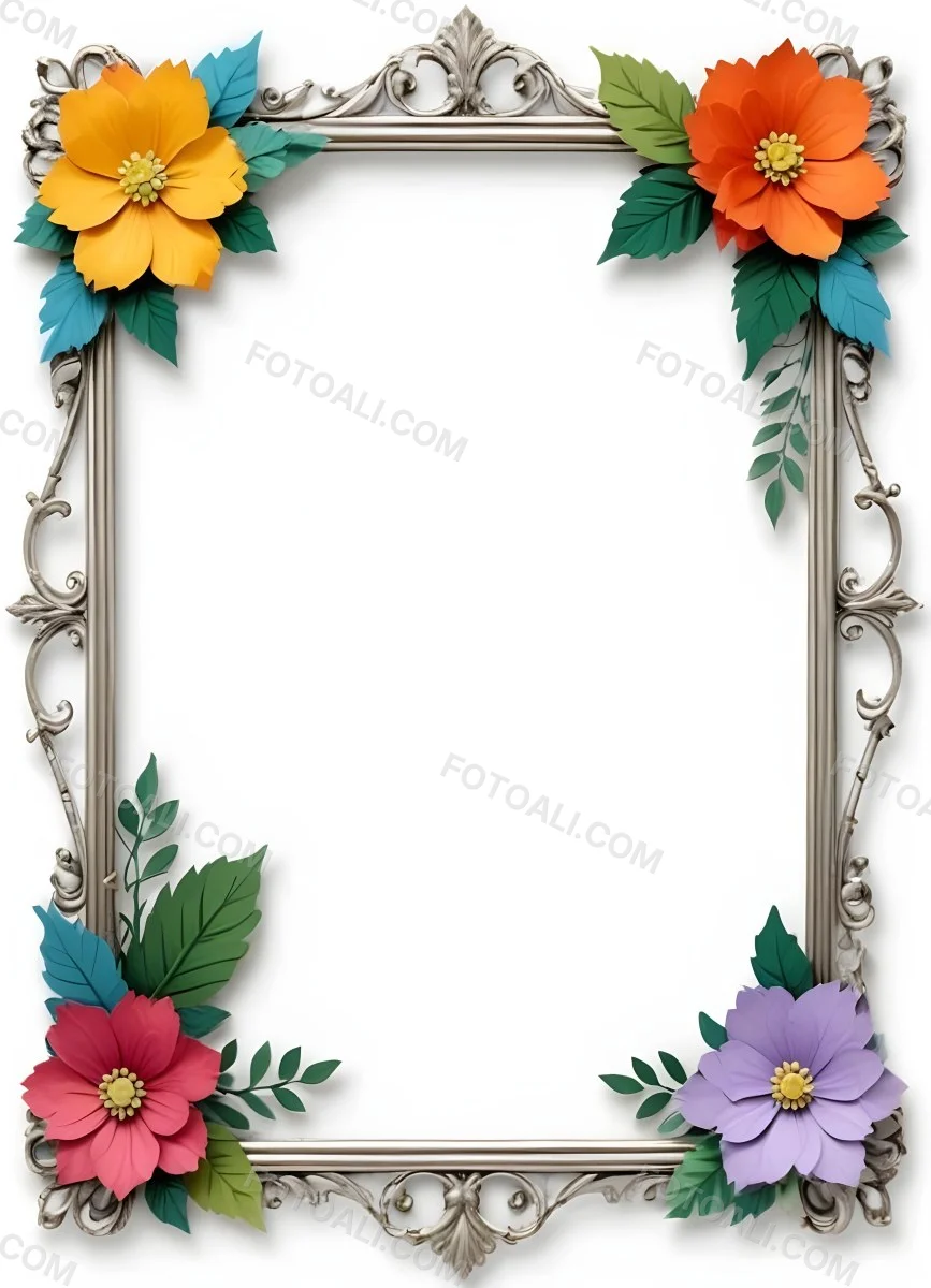 A Decorative Frame With Colorful Paper Flowers In The Corners Including Yellow Orange Red And Purple Blooms With Green Leaves The Frame Has An Ornate Metallic Design 93 4d98