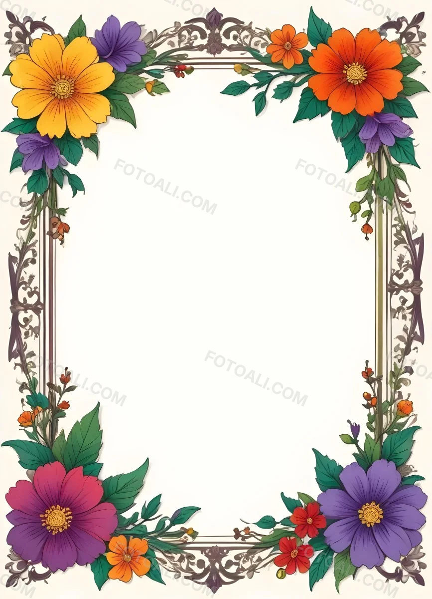 A Decorative Frame With Colorful Paper Flowers In The Corners Including Yellow Orange Red And Purple Blooms With Green Leaves The Frame Has An Ornate Metallic Design 95 A222