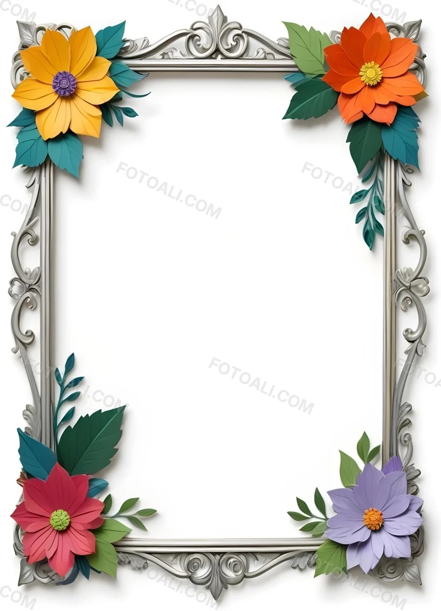 A Decorative Frame With Colorful Paper Flowers In The Corners Including Yellow Orange Red And Purple Blooms With Green Leaves The Frame Has An Ornate Metallic Design 96 B3a1