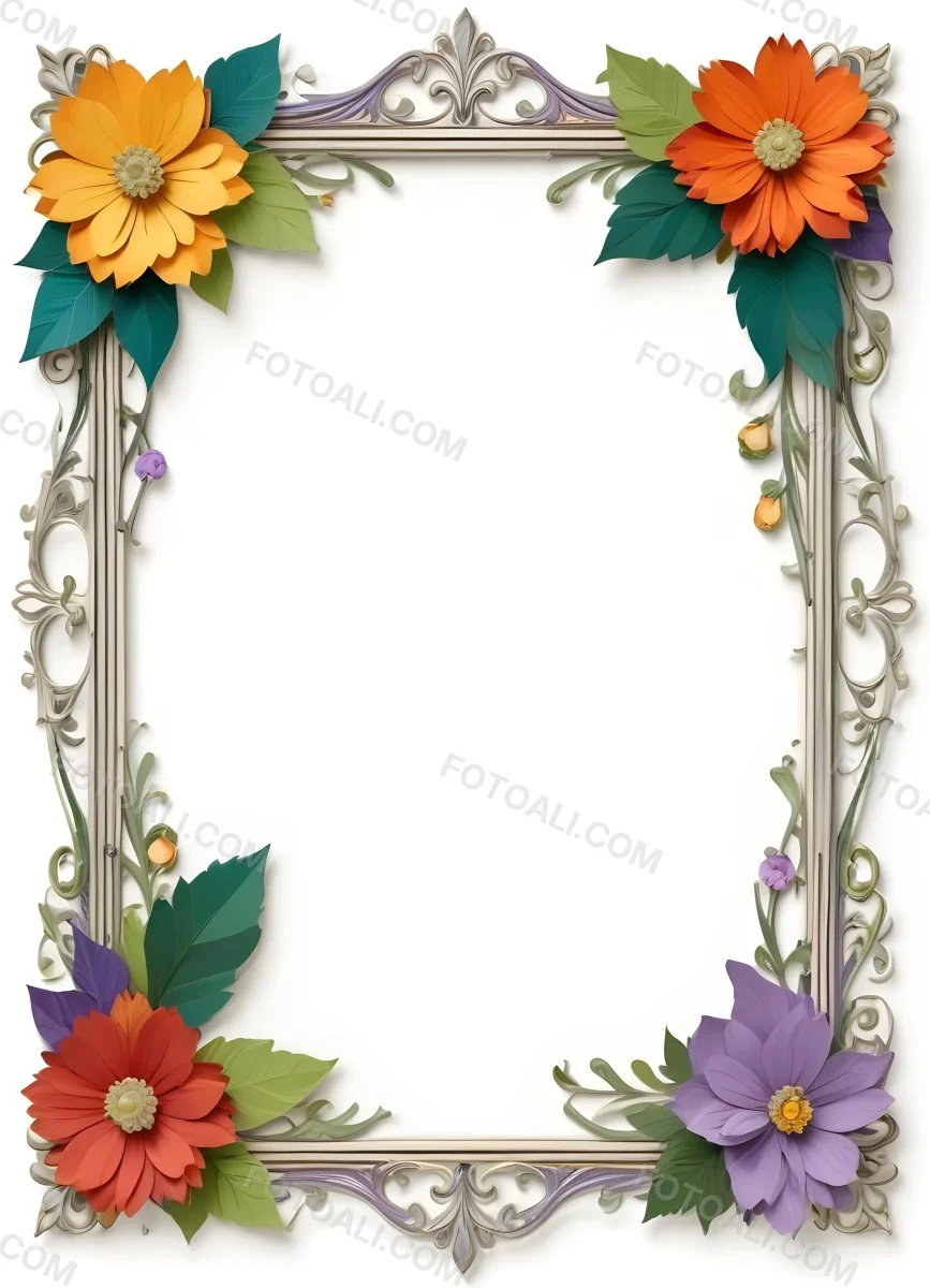 A Decorative Frame With Colorful Paper Flowers In The Corners Including Yellow Orange Red And Purple Blooms With Green Leaves The Frame Has An Ornate Metallic Design 97 8b1a
