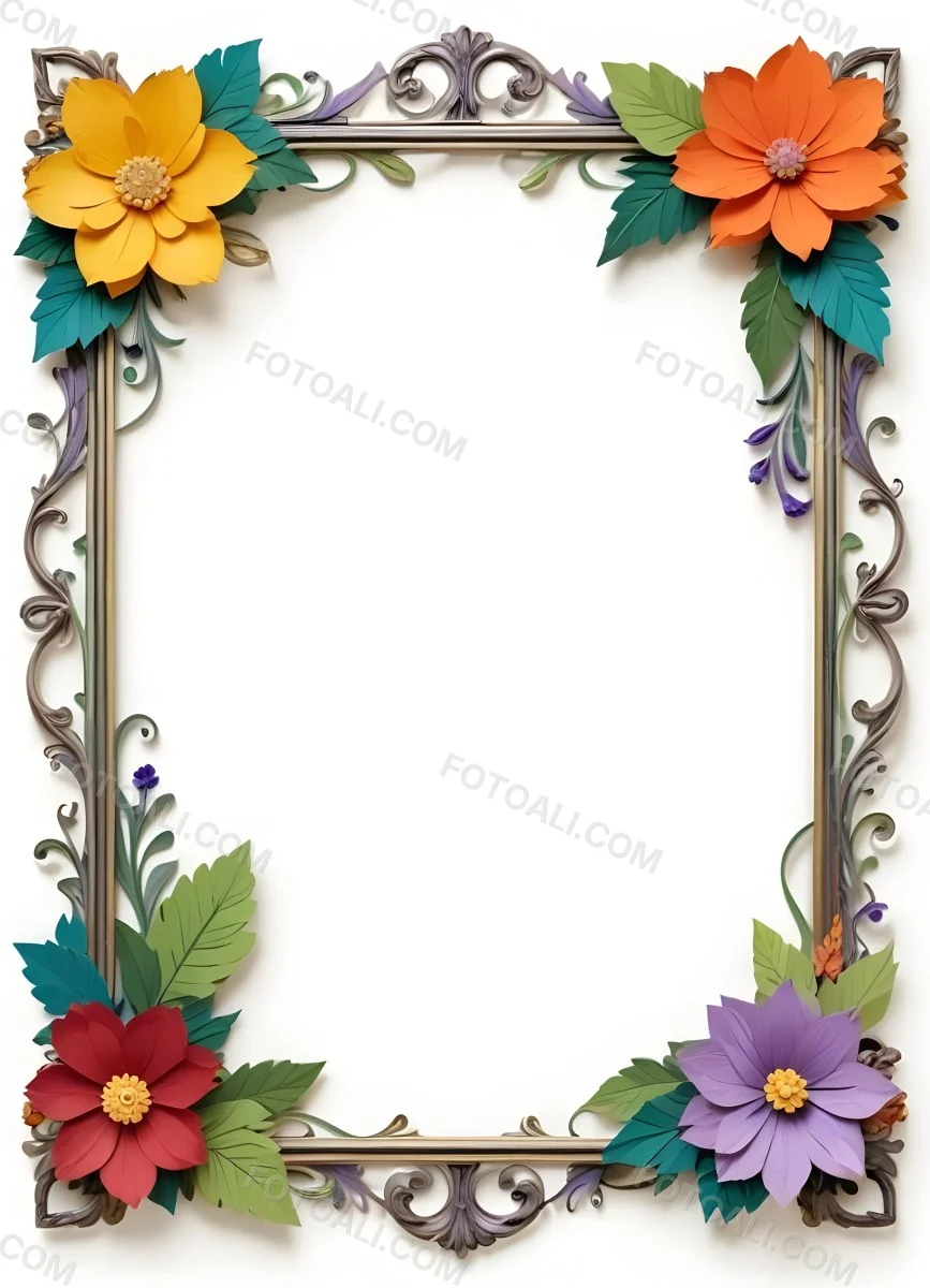 A Decorative Frame With Colorful Paper Flowers In The Corners Including Yellow Orange Red And Purple Blooms With Green Leaves The Frame Has An Ornate Metallic Design 98 C9de