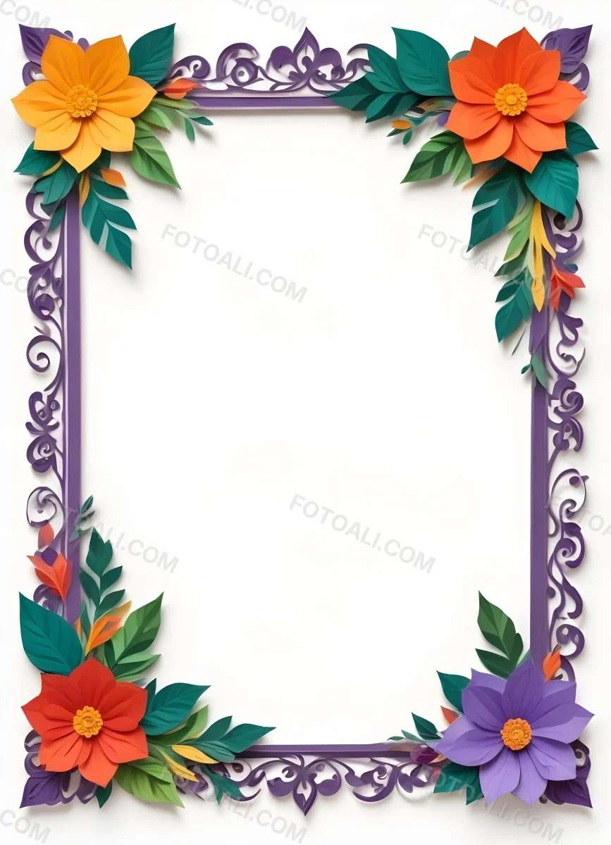 A Decorative Frame With Colorful Paper Flowers In The Corners Including Yellow Orange Red And Purple Blooms With Green Leaves The Frame Has An Ornate Metallic Design 99 3794