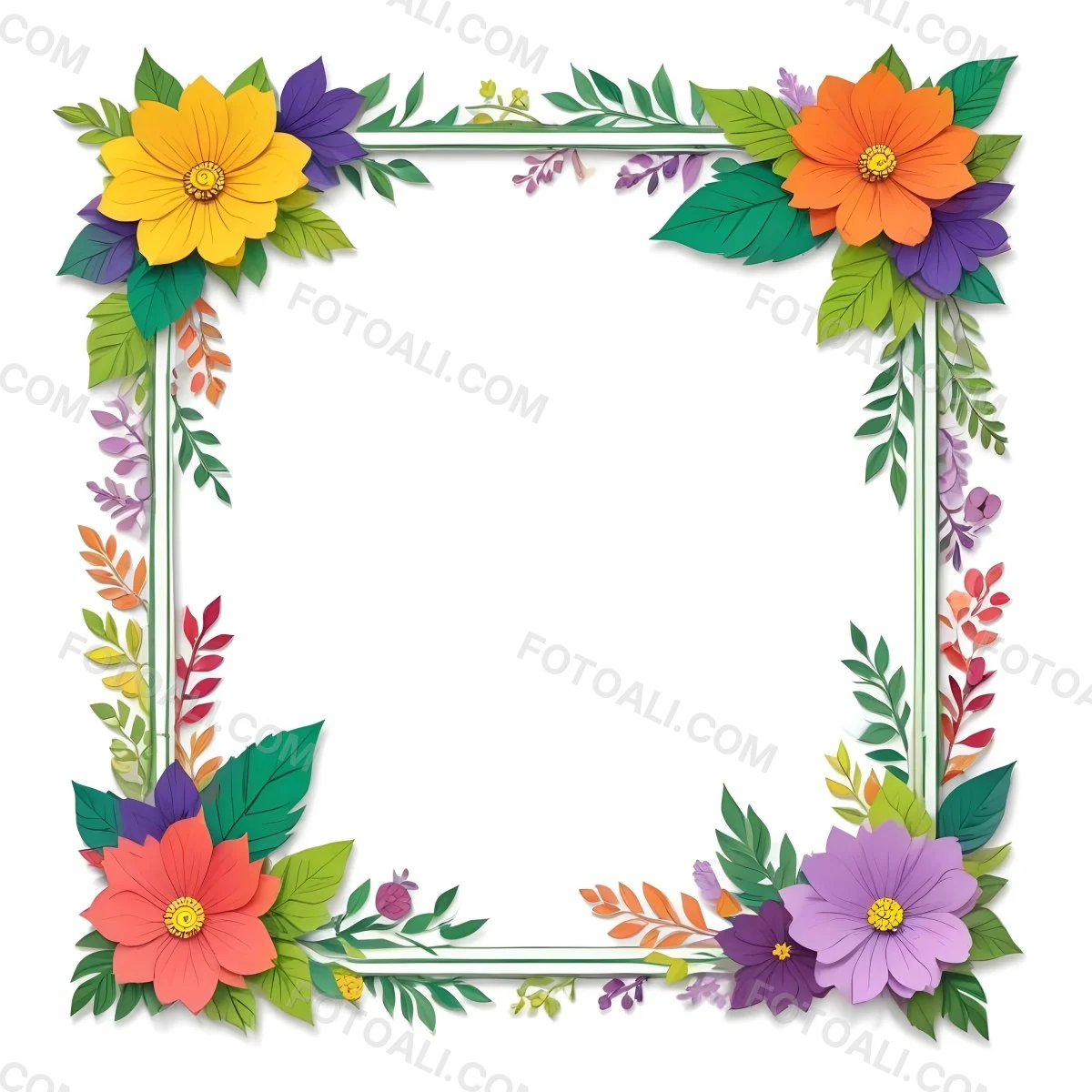A Decorative Frame With Colorful Paper Flowers In Various Shapes And Sizes Including White Blooms Surrounded By Green Leaves Against A White Background 12 Db05