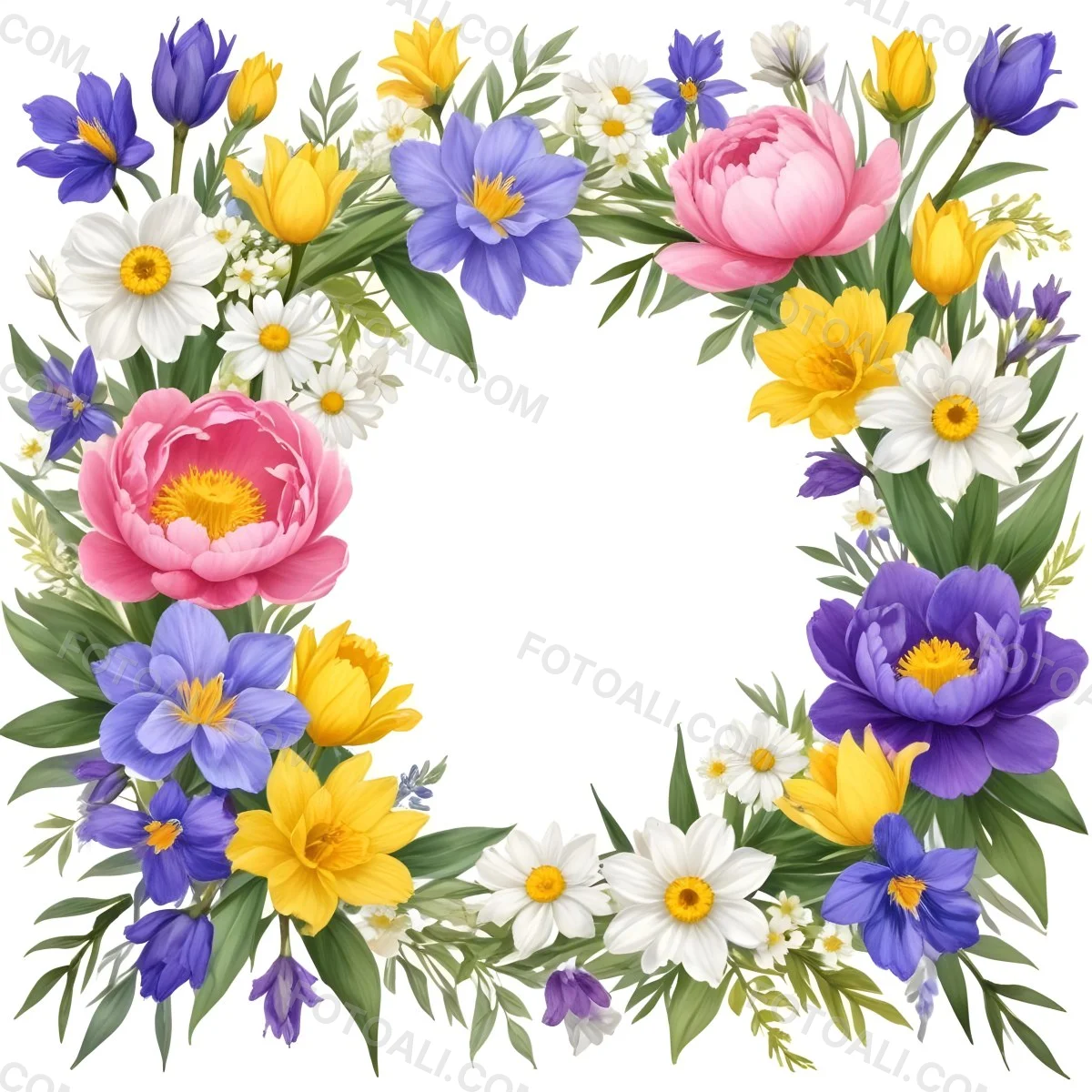 A Decorative Frame With Colorful Paper Flowers In Various Shapes And Sizes Including White Blooms Surrounded By Green Leaves Against A White Background 159 D392