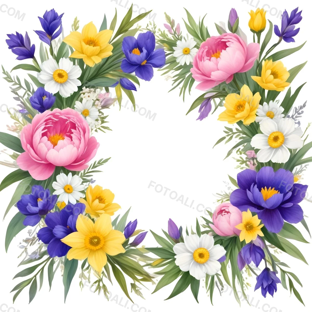 A Decorative Frame With Colorful Paper Flowers In Various Shapes And Sizes Including White Blooms Surrounded By Green Leaves Against A White Background 162 299e