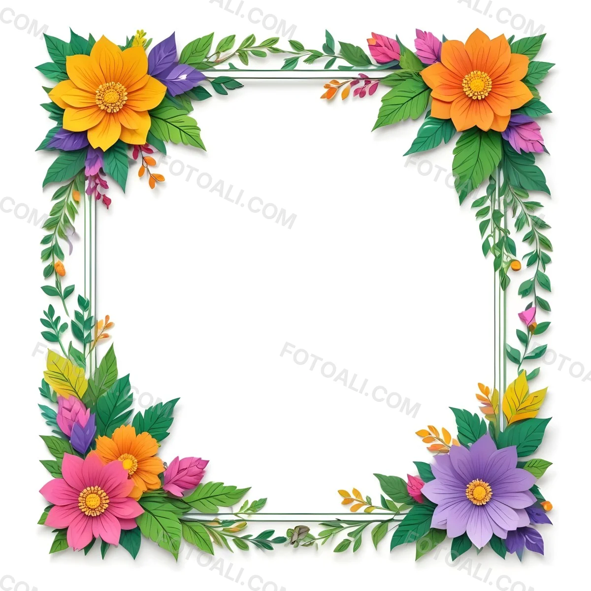 A Decorative Frame With Colorful Paper Flowers In Various Shapes And Sizes Including White Blooms Surrounded By Green Leaves Against A White Background 21 87ef