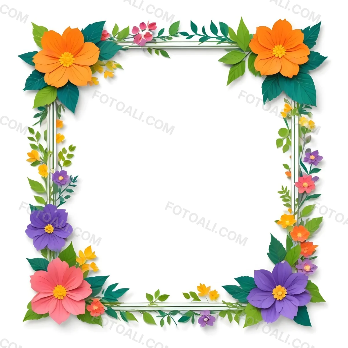 A Decorative Frame With Colorful Paper Flowers In Various Shapes And Sizes Including White Blooms Surrounded By Green Leaves Against A White Background 30 7990
