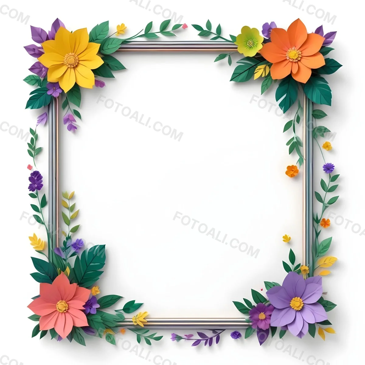 A Decorative Frame With Colorful Paper Flowers In Various Shapes And Sizes Including White Blooms Surrounded By Green Leaves Against A White Background 342 898b