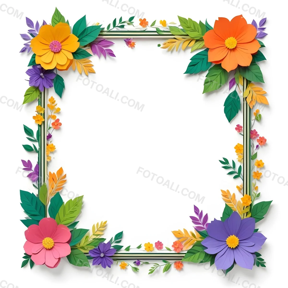 A Decorative Frame With Colorful Paper Flowers In Various Shapes And Sizes Including White Blooms Surrounded By Green Leaves Against A White Background 477 Ad9f
