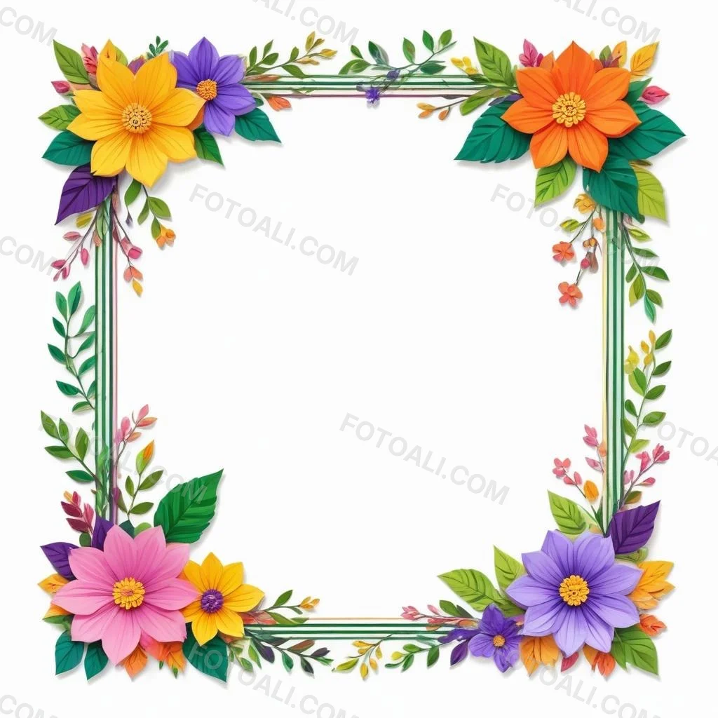 A Decorative Frame With Colorful Paper Flowers In Various Shapes And Sizes Including White Blooms Surrounded By Green Leaves Against A White Background 526 C703