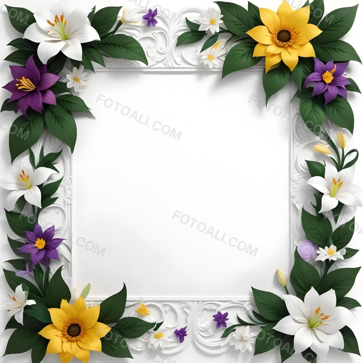 A Decorative Frame With Colorful Paper Flowers In Various Shapes And Sizes Including White Blooms Surrounded By Green Leaves Against A White Background 57 E25b