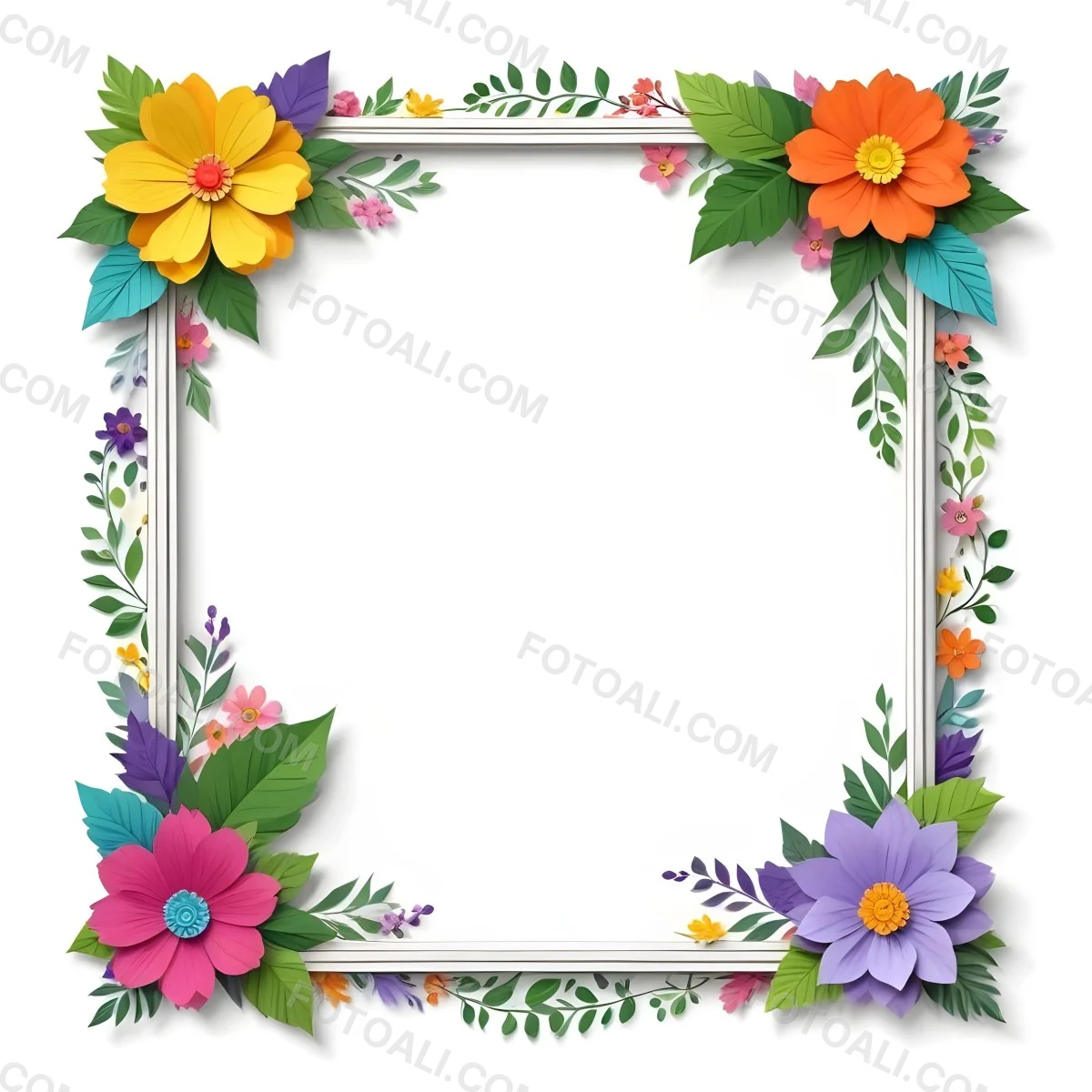 A Decorative Frame With Colorful Paper Flowers In Various Shapes And Sizes Including White Blooms Surrounded By Green Leaves Against A White Background 8 C25d
