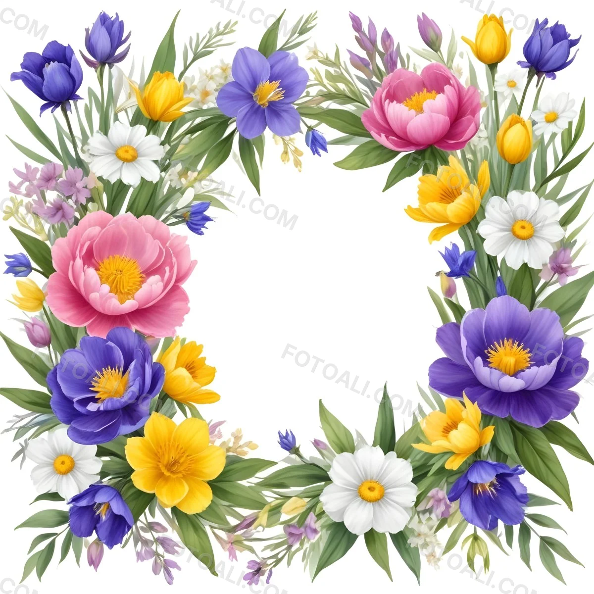 A Decorative Frame With Colorful Paper Flowers In Various Shapes And Sizes Including White Blooms Surrounded By Green Leaves Against A White Background 80 5e09
