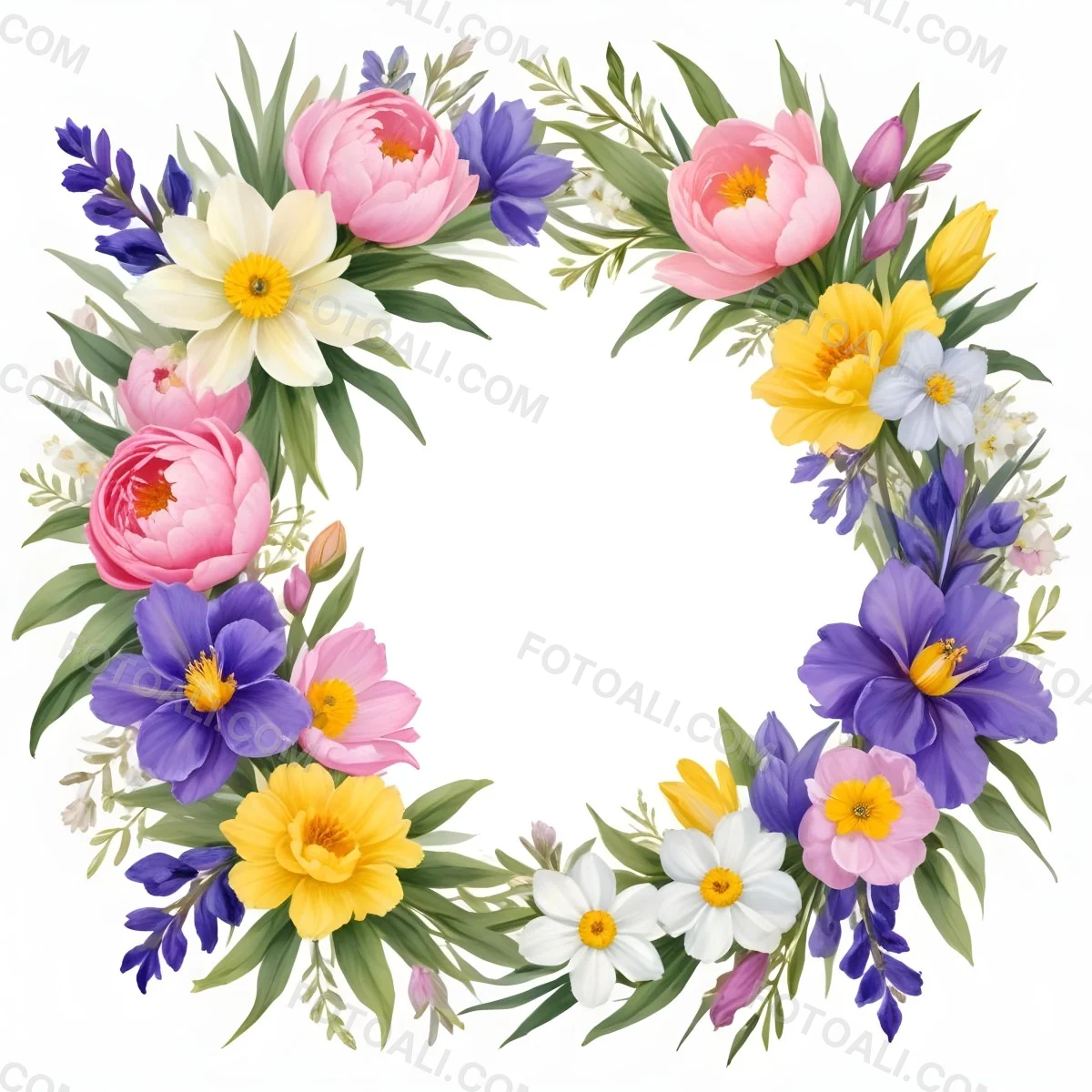 A Decorative Frame With Colorful Paper Flowers In Various Shapes And Sizes Including White Blooms Surrounded By Green Leaves Against A White Background 83 9884