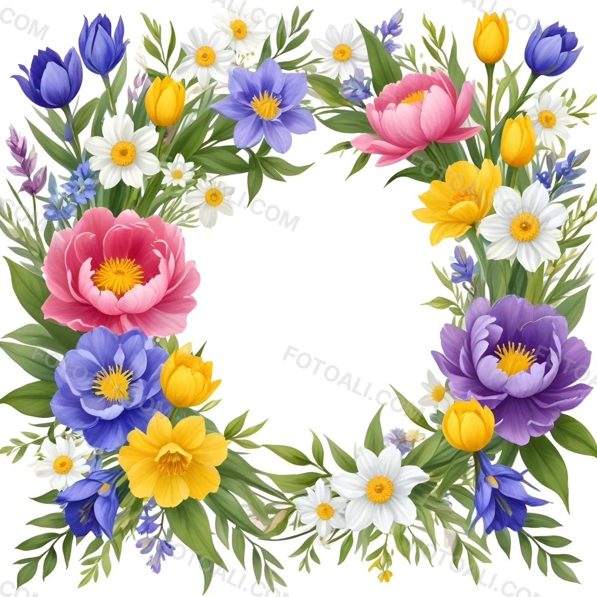 A Decorative Frame With Colorful Paper Flowers In Various Shapes And Sizes Including White Blooms Surrounded By Green Leaves Against A White Background 88 0d09