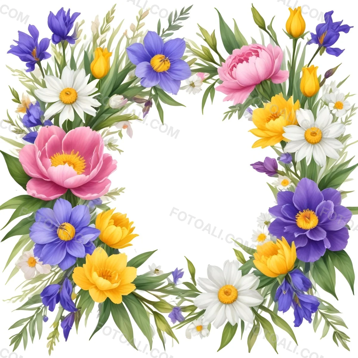 A Decorative Frame With Colorful Paper Flowers In Various Shapes And Sizes Including White Blooms Surrounded By Green Leaves Against A White Background 89 49c3