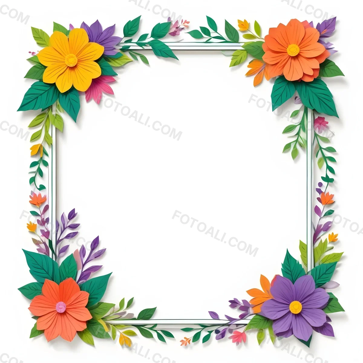 A Decorative Frame With Colorful Paper Flowers In Various Shapes And Sizes Including White Blooms Surrounded By Green Leaves Against A White Background 9 A969