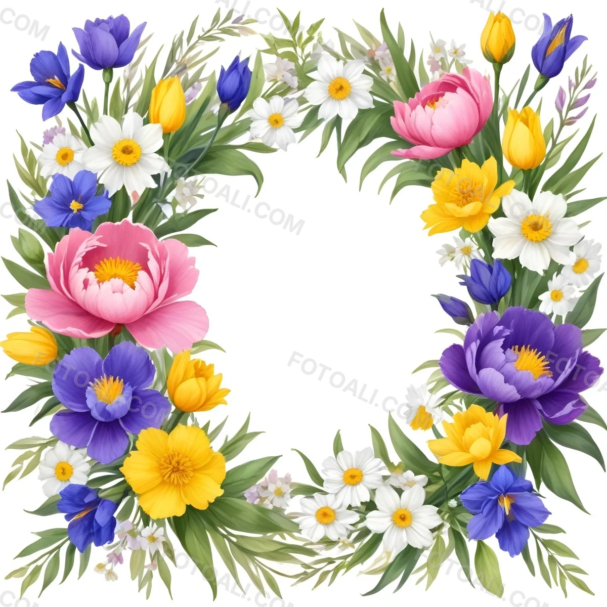 A Decorative Frame With Colorful Paper Flowers In Various Shapes And Sizes Including White Blooms Surrounded By Green Leaves Against A White Background 92 40cd