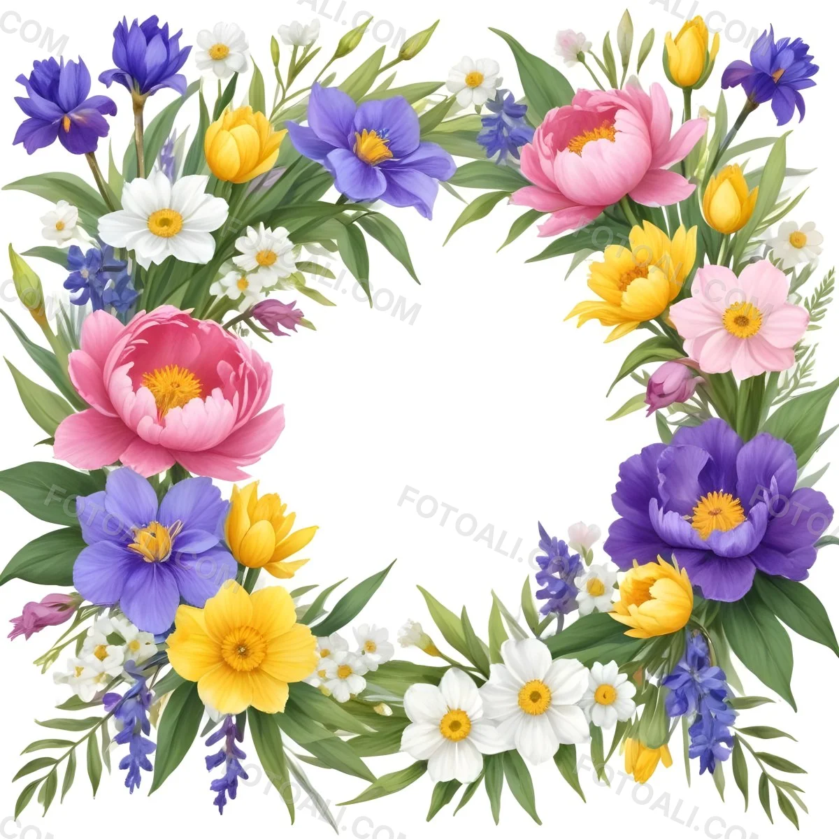 A Decorative Frame With Colorful Paper Flowers In Various Shapes And Sizes Including White Blooms Surrounded By Green Leaves Against A White Background 94 4f6d