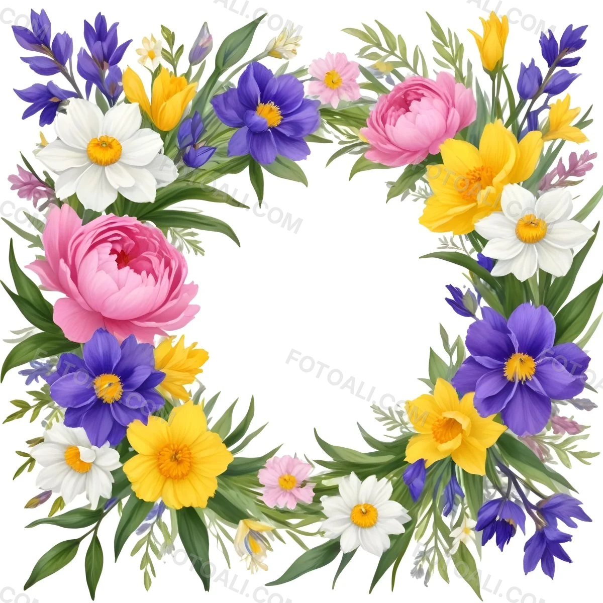 A Decorative Frame With Colorful Paper Flowers In Various Shapes And Sizes Including White Blooms Surrounded By Green Leaves Against A White Background 95 4e29