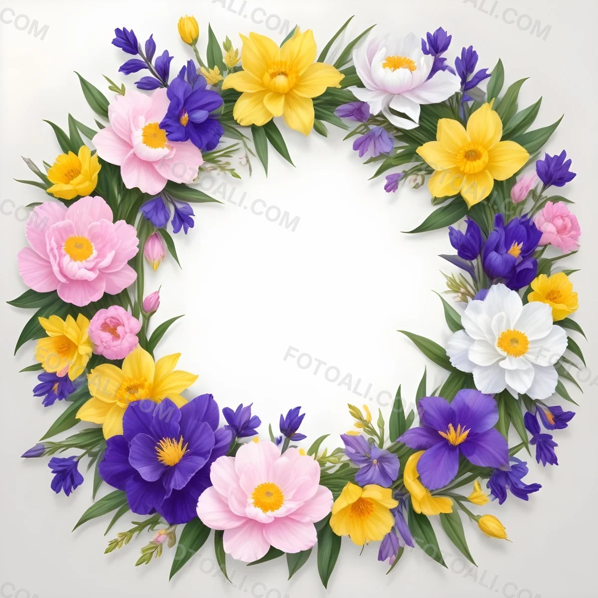 A Decorative Frame With Colorful Paper Flowers In Various Shapes And Sizes Including White Blooms Surrounded By Green Leaves Against A White Background 99 974c