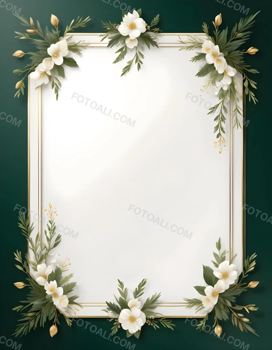 A Decorative Frame With Floral Elements Including White Flowers Pine Branches And Golden Accents Against A Dark Green Background 69 0e22