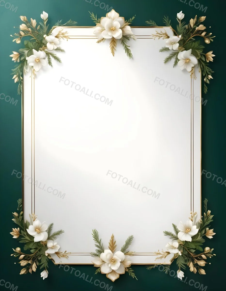 A Decorative Frame With Floral Elements Including White Flowers Pine Branches And Golden Accents Against A Dark Green Background 70 C5f1