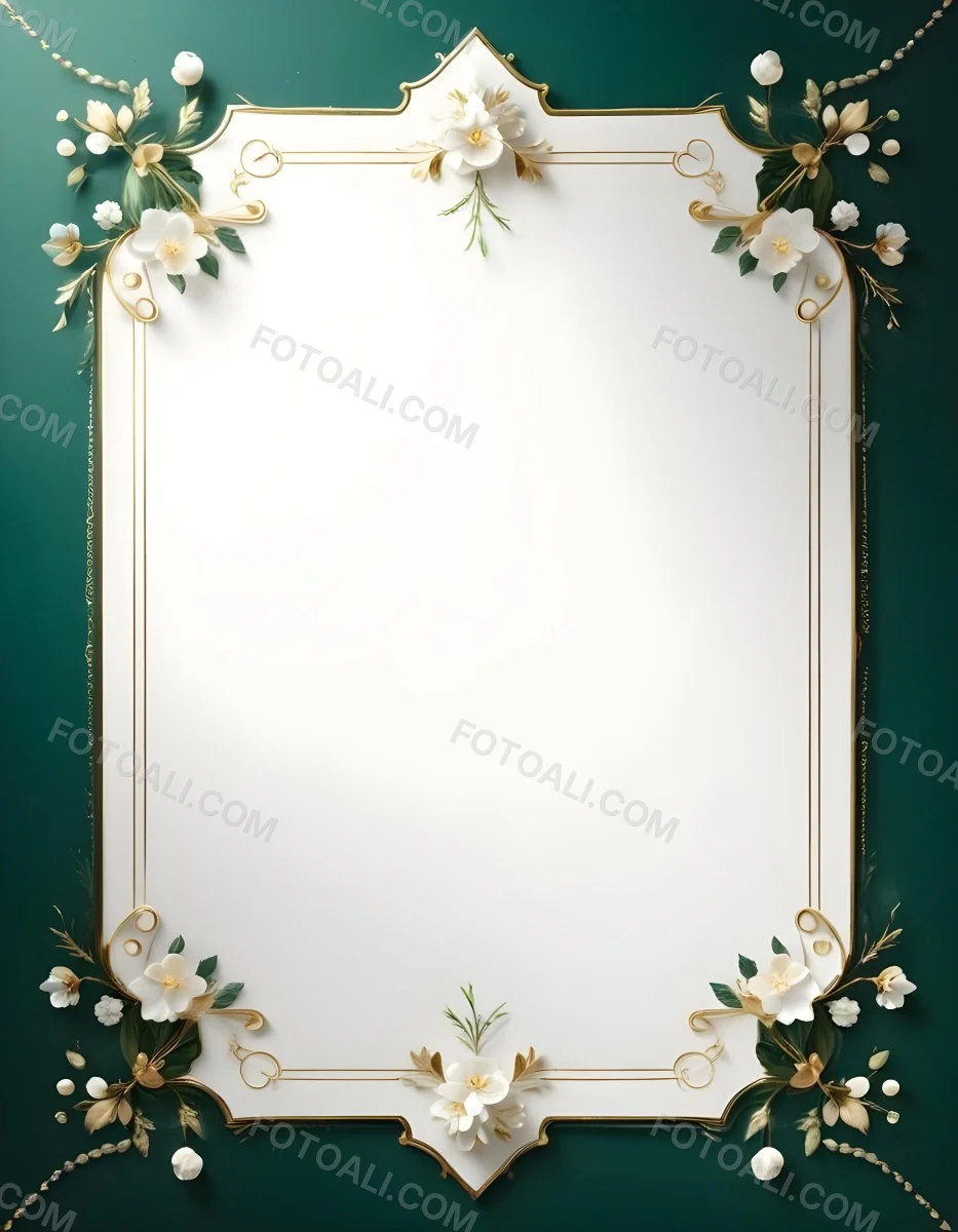A Decorative Frame With Floral Elements Including White Flowers Pine Branches And Golden Accents Against A Dark Green Background 71 9b35