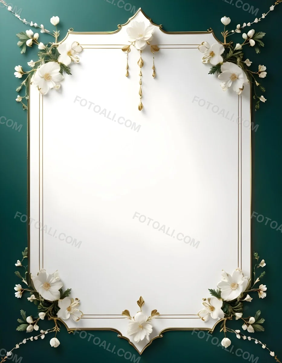 A Decorative Frame With Floral Elements Including White Flowers Pine Branches And Golden Accents Against A Dark Green Background 72 E579