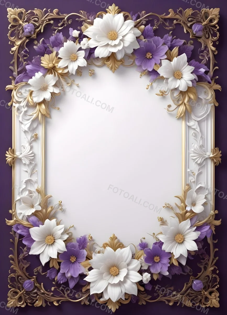 A Decorative Frame With Intricate Floral Patterns And Ornate Designs In Shades Of White Gold And Purple The Frame Features A Central White Flower Surrounded By Smaller Flowers And Swirling Curving Elements The 12 3917