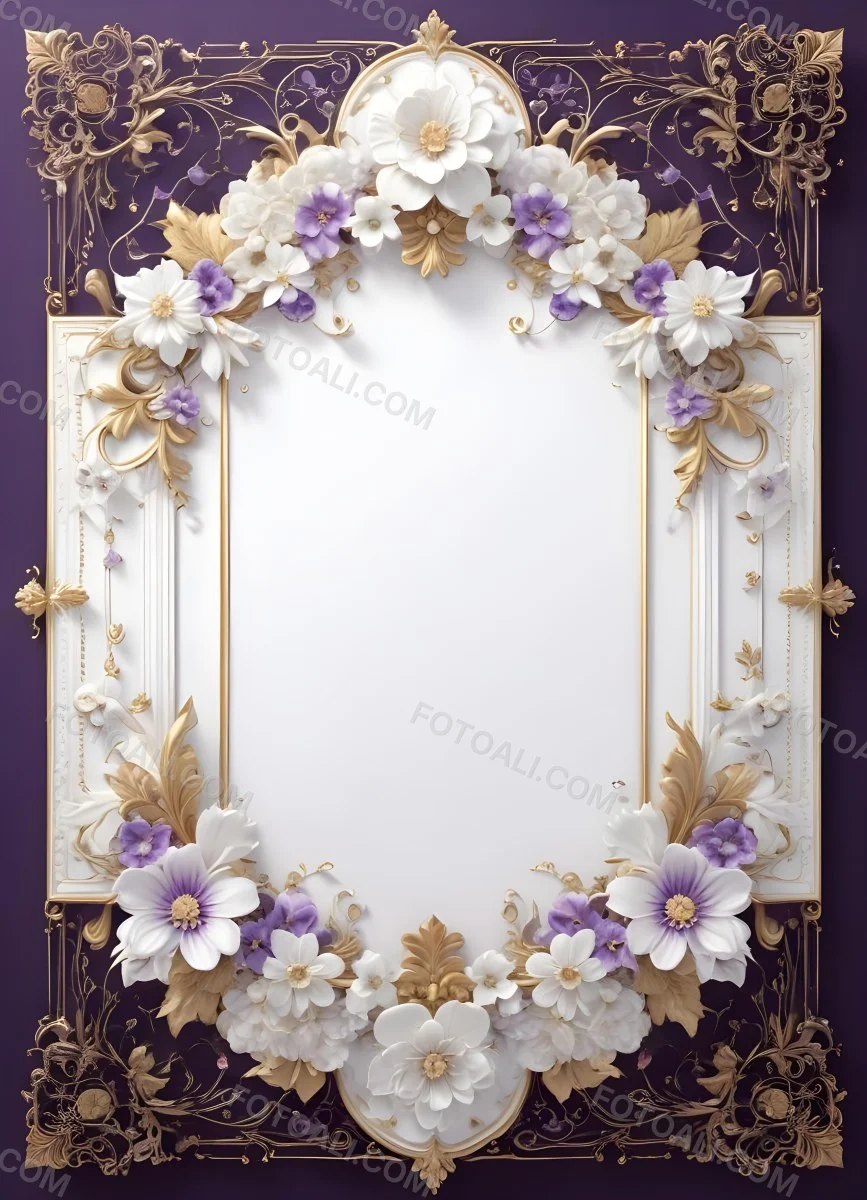 A Decorative Frame With Intricate Floral Patterns And Ornate Designs In Shades Of White Gold And Purple The Frame Features A Central White Flower Surrounded By Smaller Flowers And Swirling Curving Elements The 20 6d13