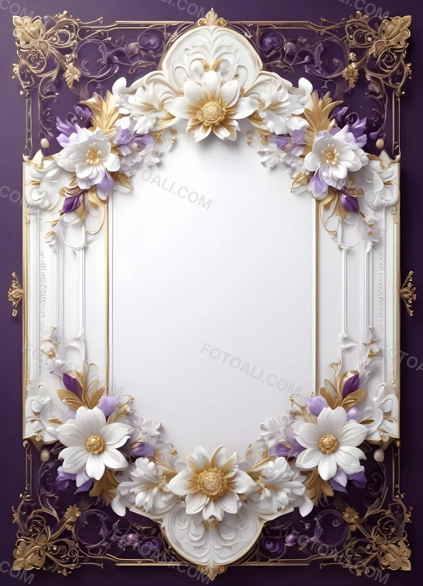 A Decorative Frame With Intricate Floral Patterns And Ornate Designs In Shades Of White Gold And Purple The Frame Features A Central White Flower Surrounded By Smaller Flowers And Swirling Curving Elements The 21 0198