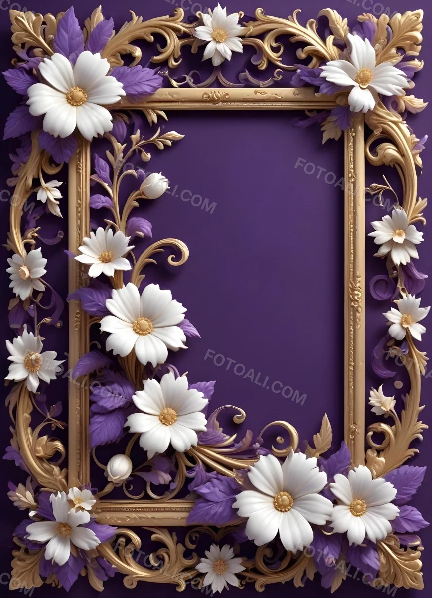 A Decorative Frame With Intricate Floral Patterns And Ornate Designs In Shades Of White Gold And Purple The Frame Features A Central White Flower Surrounded By Smaller Flowers And Swirling Curving Elements The 24 Bb94