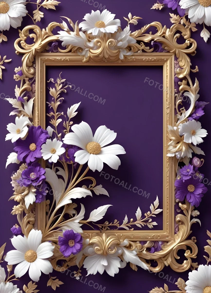 A Decorative Frame With Intricate Floral Patterns And Ornate Designs In Shades Of White Gold And Purple The Frame Features A Central White Flower Surrounded By Smaller Flowers And Swirling Curving Elements The 27 1647