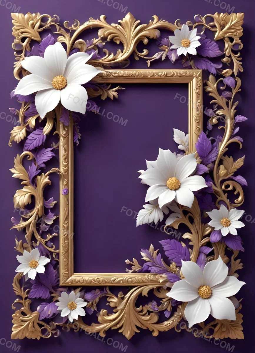 A Decorative Frame With Intricate Floral Patterns And Ornate Designs In Shades Of White Gold And Purple The Frame Features A Central White Flower Surrounded By Smaller Flowers And Swirling Curving Elements The 28 D13d