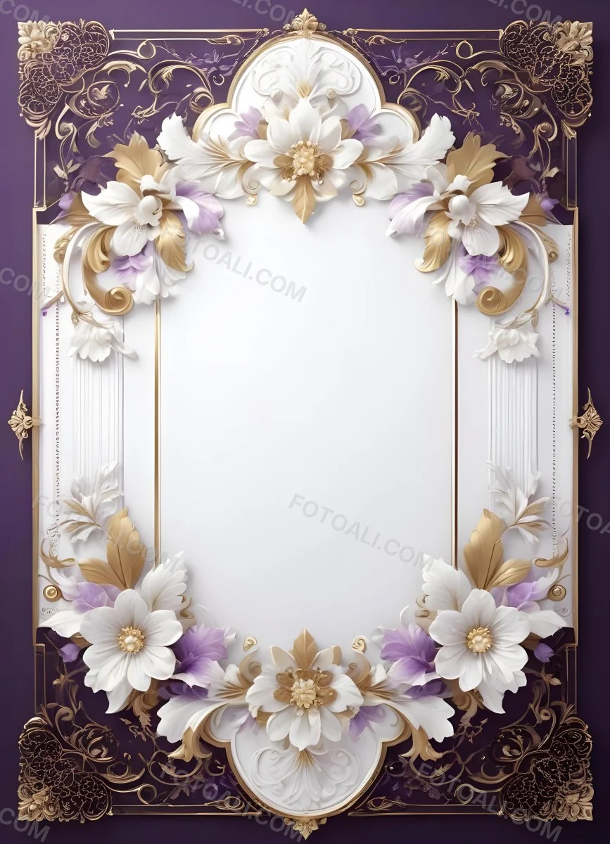 A Decorative Frame With Intricate Floral Patterns And Ornate Designs In Shades Of White Gold And Purple The Frame Features A Central White Flower Surrounded By Smaller Flowers And Swirling Curving Elements The 3 3ef0