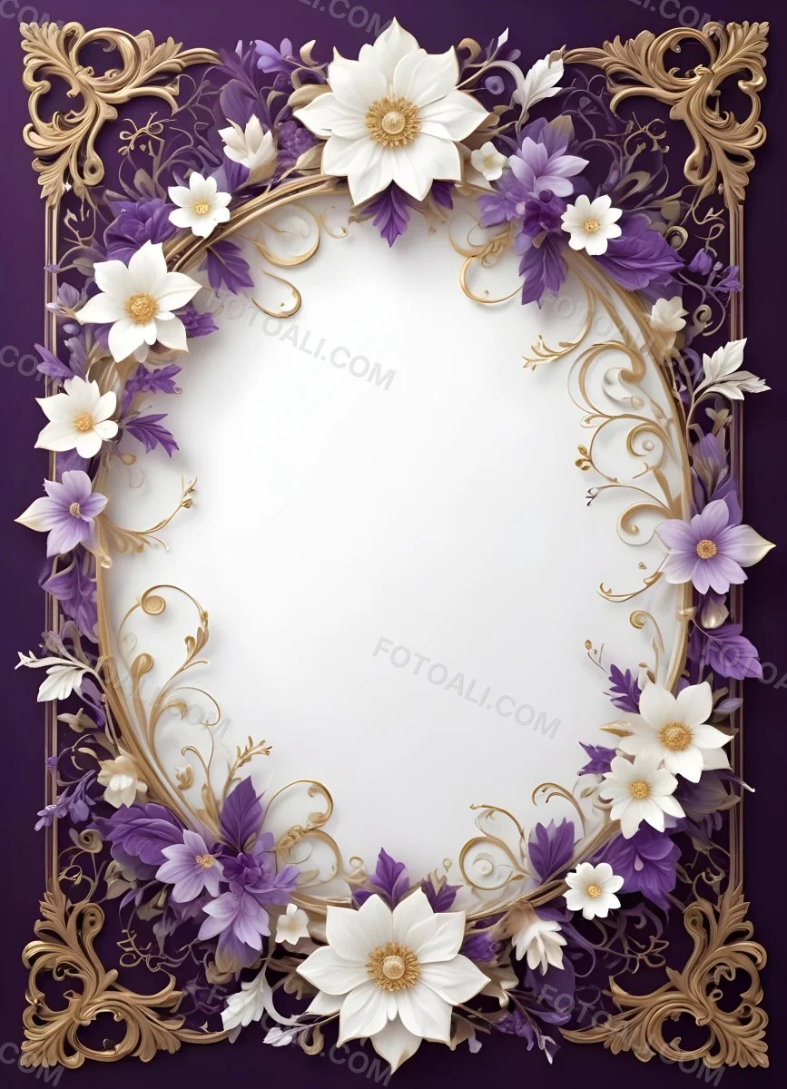 A Decorative Frame With Intricate Floral Patterns And Ornate Designs In Shades Of White Gold And Purple The Frame Features A Central White Flower Surrounded By Smaller Flowers And Swirling Curving Elements The 35 7749