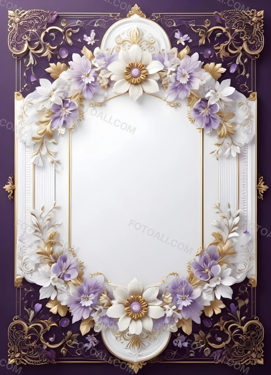 A Decorative Frame With Intricate Floral Patterns And Ornate Designs In Shades Of White Gold And Purple The Frame Features A Central White Flower Surrounded By Smaller Flowers And Swirling Curving Elements The 4 1ff9