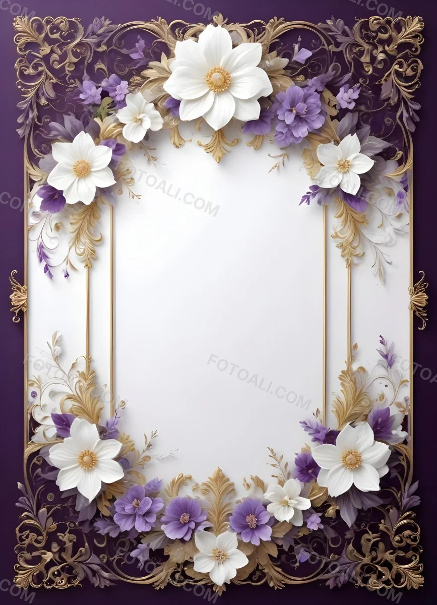 A Decorative Frame With Intricate Floral Patterns And Ornate Designs In Shades Of White Gold And Purple The Frame Features A Central White Flower Surrounded By Smaller Flowers And Swirling Curving Elements The 40 3e29