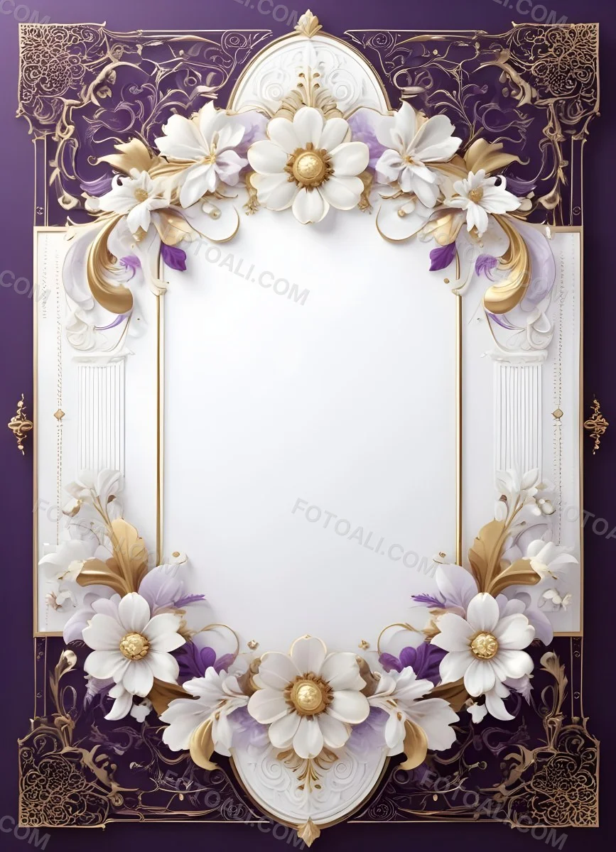 A Decorative Frame With Intricate Floral Patterns And Ornate Designs In Shades Of White Gold And Purple The Frame Features A Central White Flower Surrounded By Smaller Flowers And Swirling Curving Elements The 47 5188