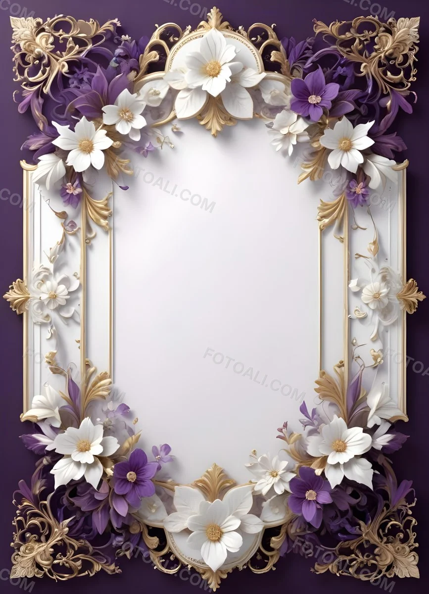 A Decorative Frame With Intricate Floral Patterns And Ornate Designs In Shades Of White Gold And Purple The Frame Features A Central White Flower Surrounded By Smaller Flowers And Swirling Curving Elements The 5 39e2