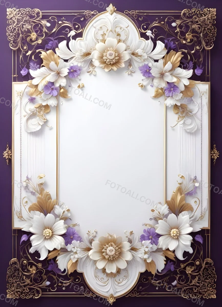 A Decorative Frame With Intricate Floral Patterns And Ornate Designs In Shades Of White Gold And Purple The Frame Features A Central White Flower Surrounded By Smaller Flowers And Swirling Curving Elements The 6 8d51