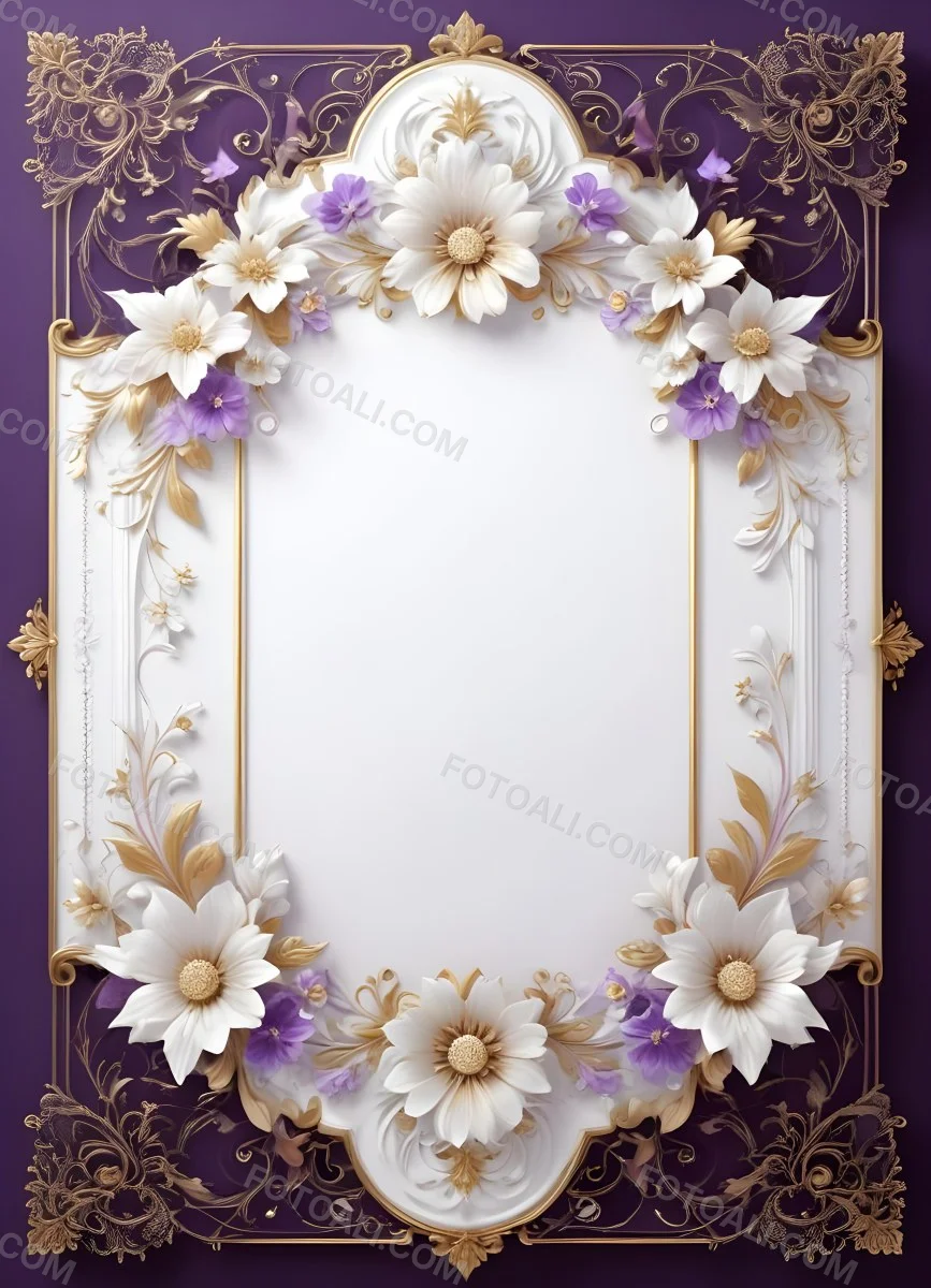 A Decorative Frame With Intricate Floral Patterns And Ornate Designs In Shades Of White Gold And Purple The Frame Features A Central White Flower Surrounded By Smaller Flowers And Swirling Curving Elements The 7 9e26