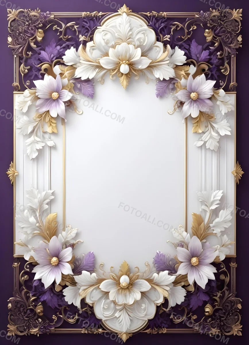A Decorative Frame With Intricate Floral Patterns And Ornate Designs In Shades Of White Gold And Purple The Frame Features A Central White Flower Surrounded By Smaller Flowers And Swirling Curving Elements The 9 99a5
