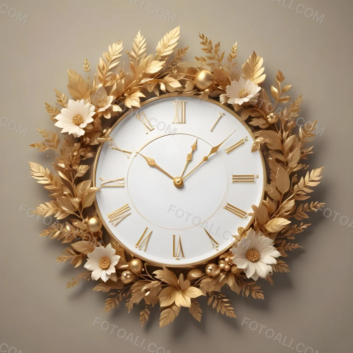 A Decorative Golden Wreath With Leaves And Flowers Surrounding A White Clock Face With Golden Accents 10 5a39