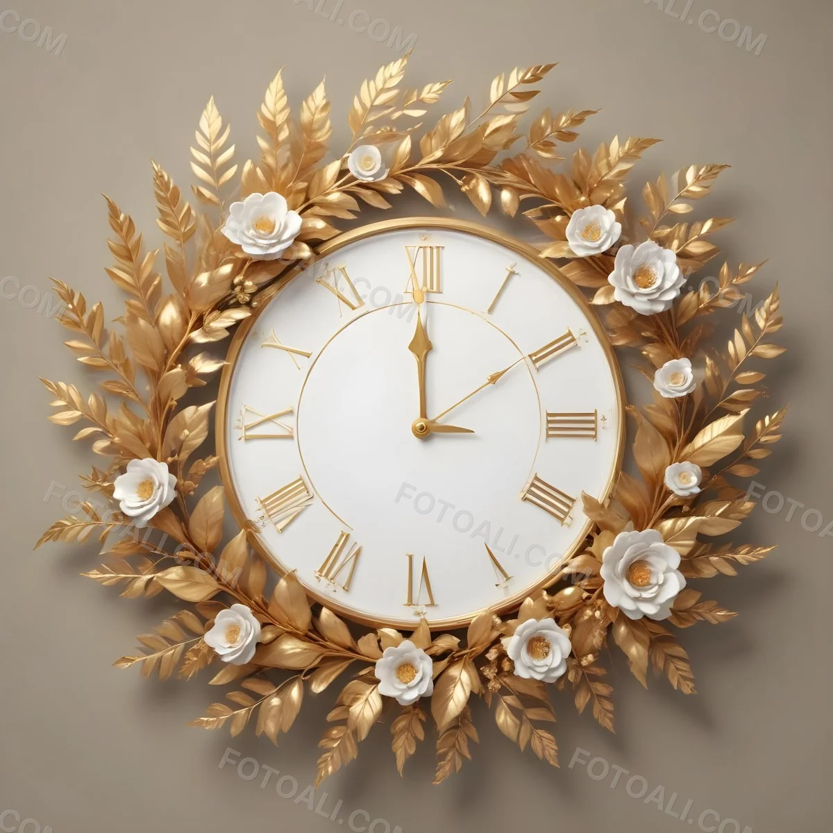 A Decorative Golden Wreath With Leaves And Flowers Surrounding A White Clock Face With Golden Accents 11 Bdb2