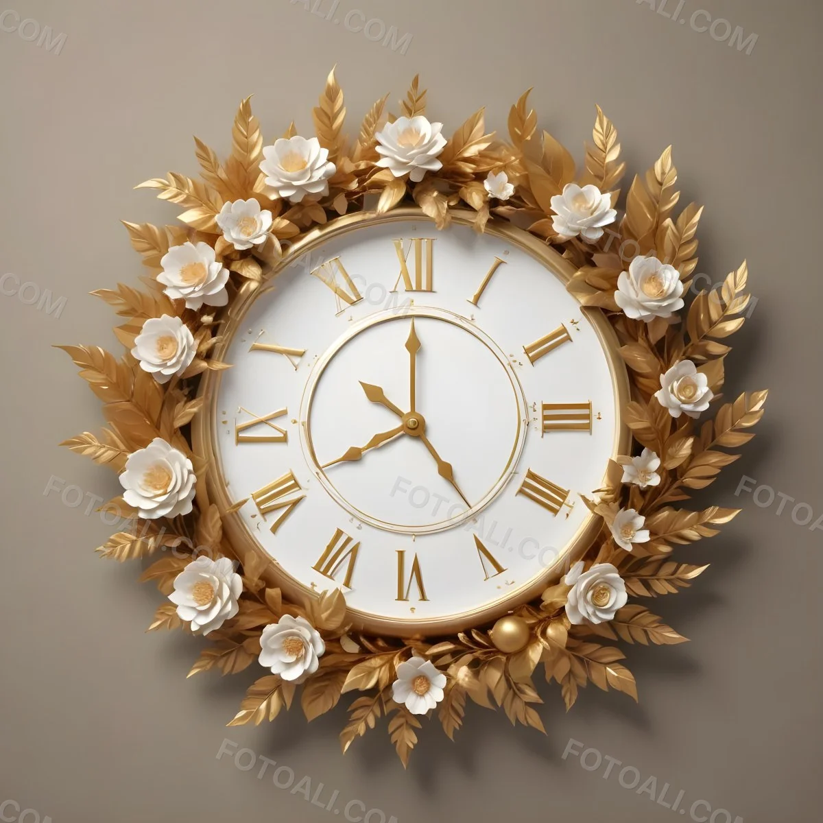 A Decorative Golden Wreath With Leaves And Flowers Surrounding A White Clock Face With Golden Accents 12 8486