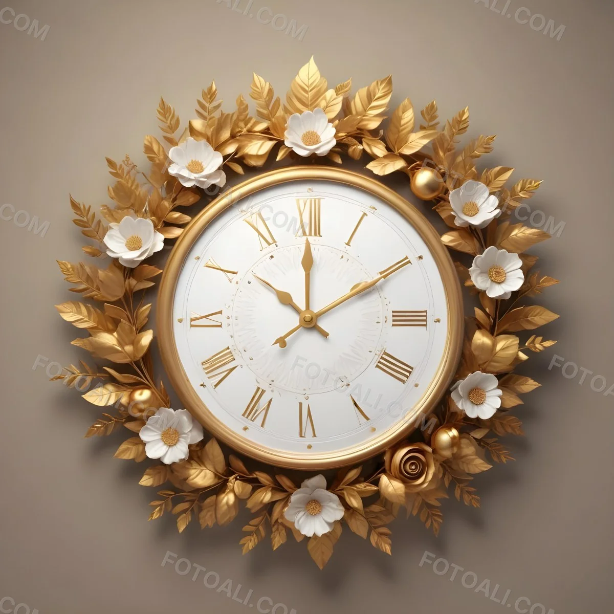 A Decorative Golden Wreath With Leaves And Flowers Surrounding A White Clock Face With Golden Accents 13 B931
