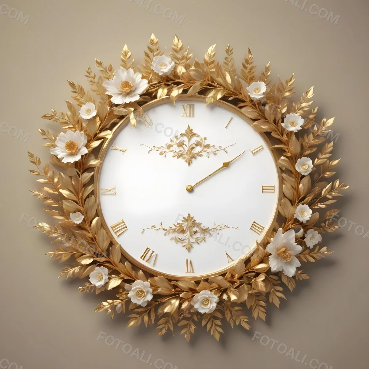 A Decorative Golden Wreath With Leaves And Flowers Surrounding A White Clock Face With Golden Accents 16 6cbb