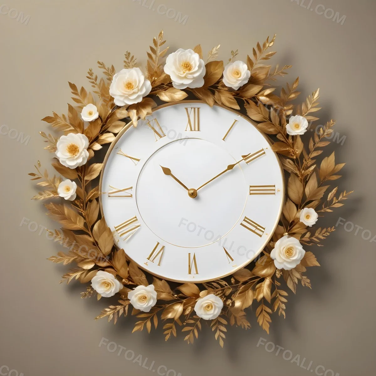 A Decorative Golden Wreath With Leaves And Flowers Surrounding A White Clock Face With Golden Accents 17 86ab